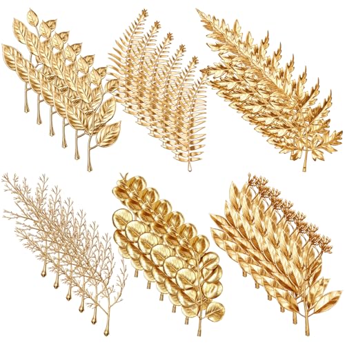 Riceshoot 36 Pcs Gold Leaves Artificial Flowers Mini Faux Gold Floral Accents with Eucalyptus Stems Cedar Fern Peony Honeysuckle Foliage Plants for Wedding Christmas Centerpieces Vase Picks Home Decor