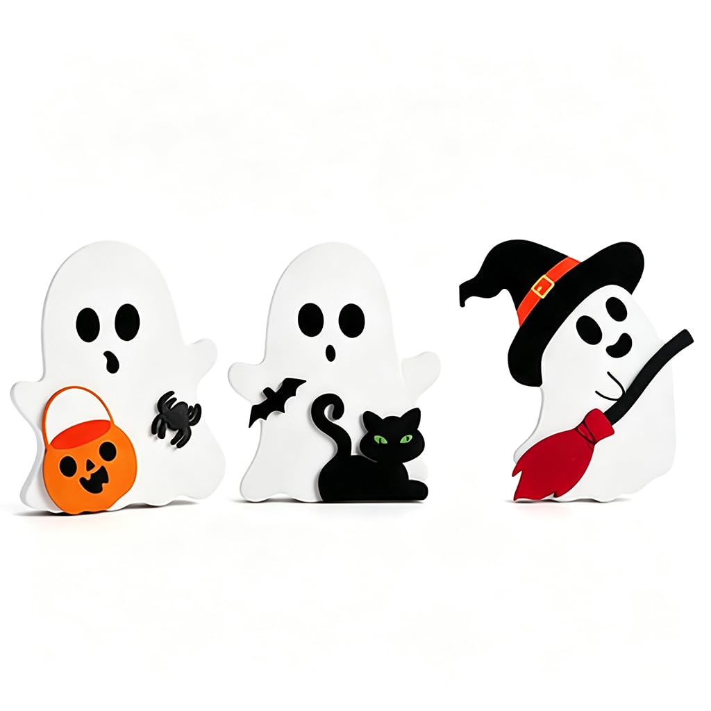 OmniVeyi 3 Pcs Halloween Wooden Ghost Figurines Tiered Tray Table Decor