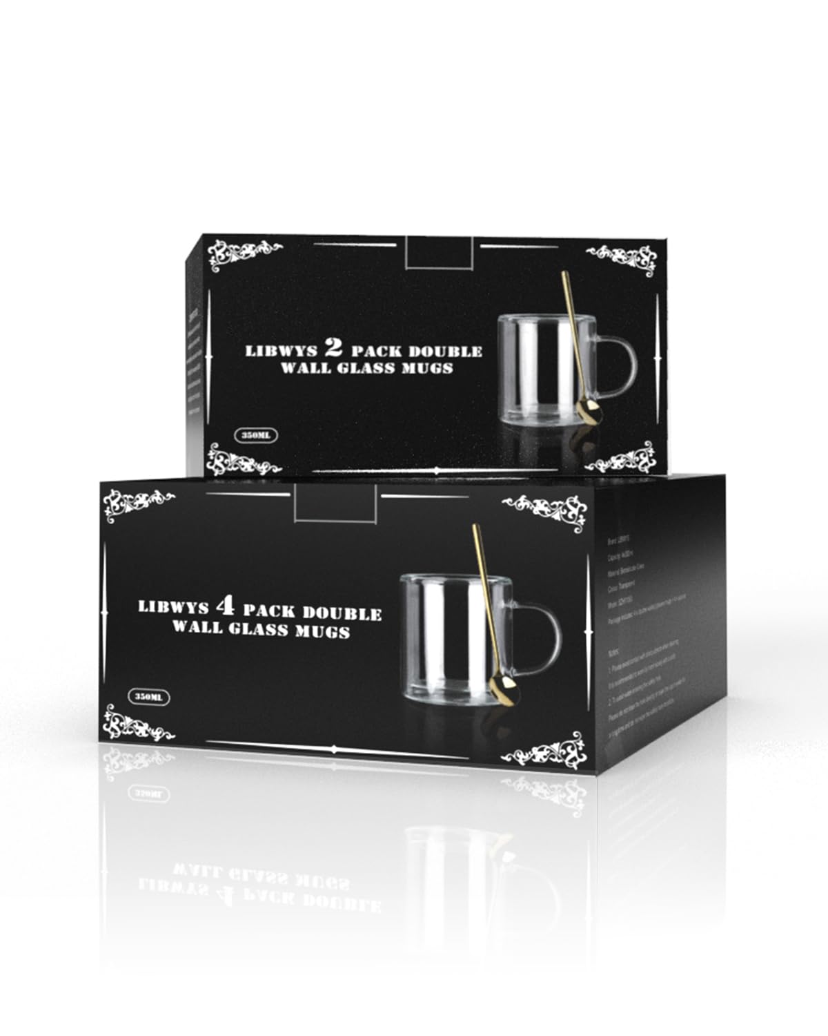 LIBWYS 4er Set Doppelwandige Latte Macchiato Gläser mit Griff (4x350ml), Hitzebeständige Glasbecher mit Edelstahl Löffel für Kaffee, Tee, Heißgetränke, Saft, Bier