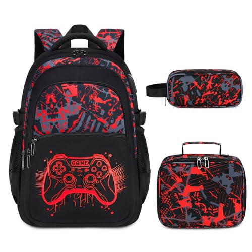 Image of Byitin School Bag for Boys, Large Capacity Kids School Backpack Set 3Pcs with Lunch Bag & Pencil Case, Glow in the Dark Rucksack for Primary & Secondary School