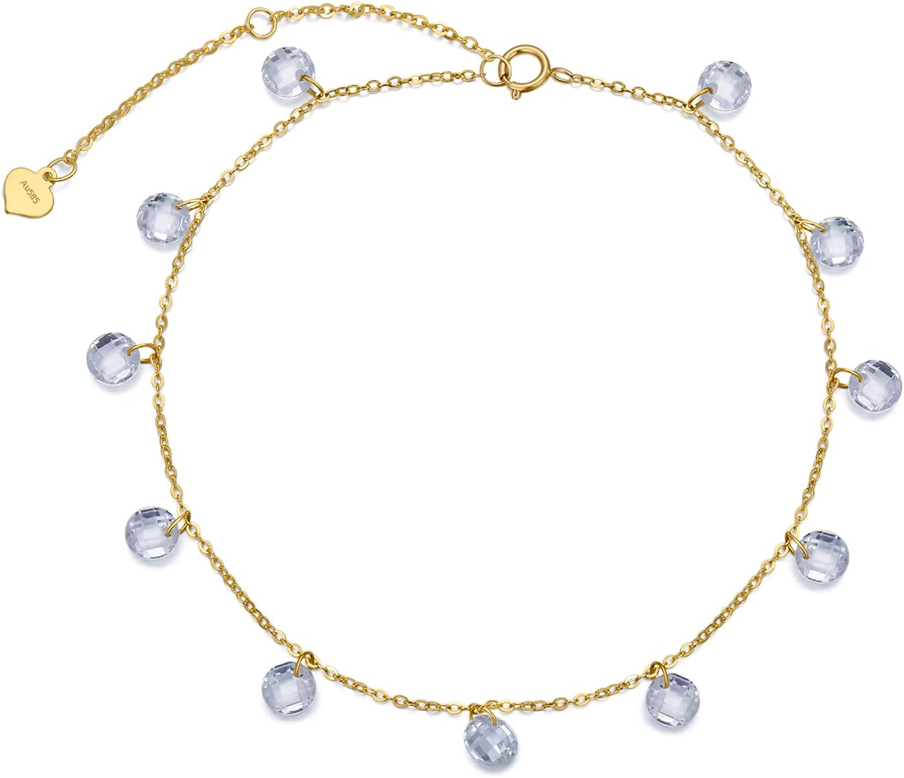 SISGEM 14K Solid Yellow Gold Cubic Zirconia Dangle Anklet for Women,Real Gold Station Anklet Bracelet Beach Anklet Foot Bracelet Fine Jewelry Birthday Gifts for Her 8''-10''