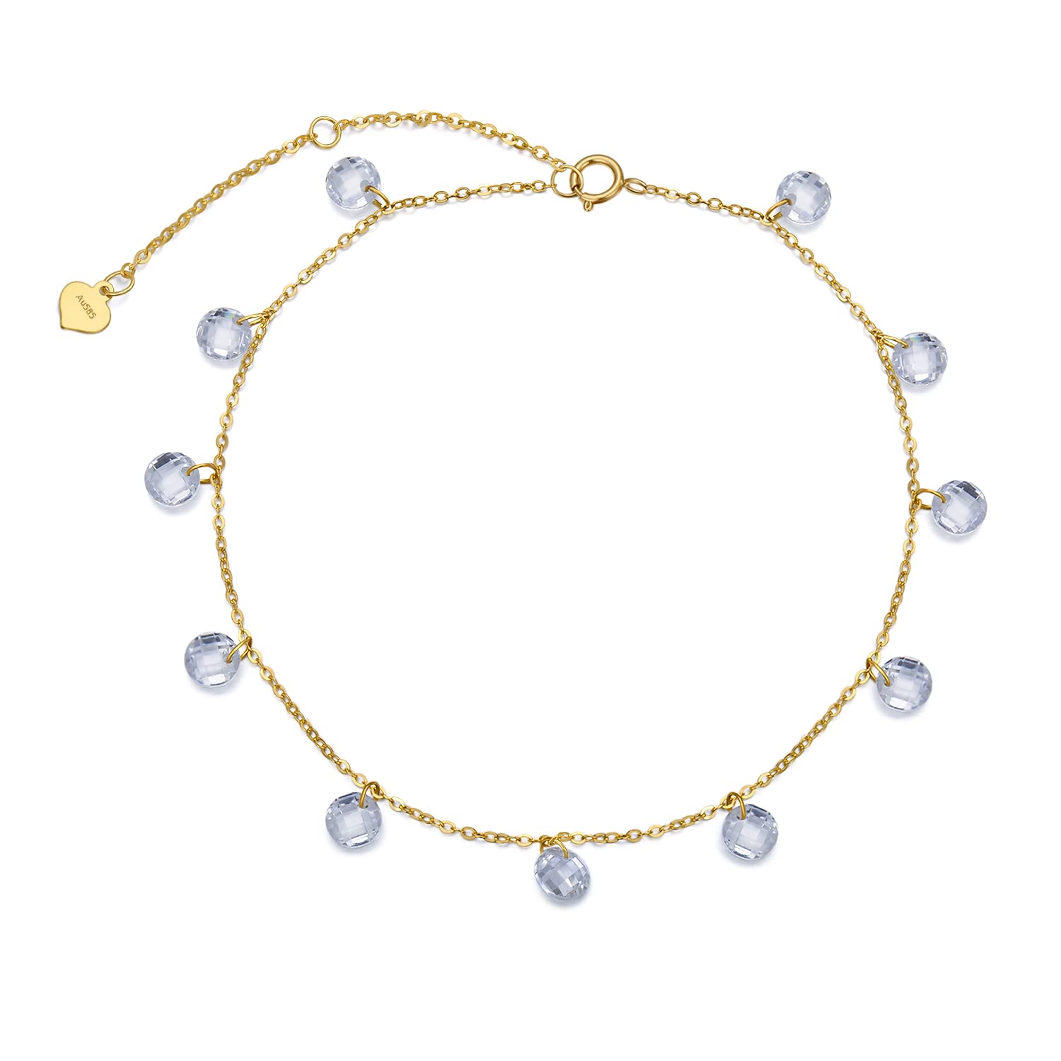 SISGEM 14K Solid Yellow Gold Dangle Cubic Zirconia Anklet for Women Girls,Real Gold Station Anklet B