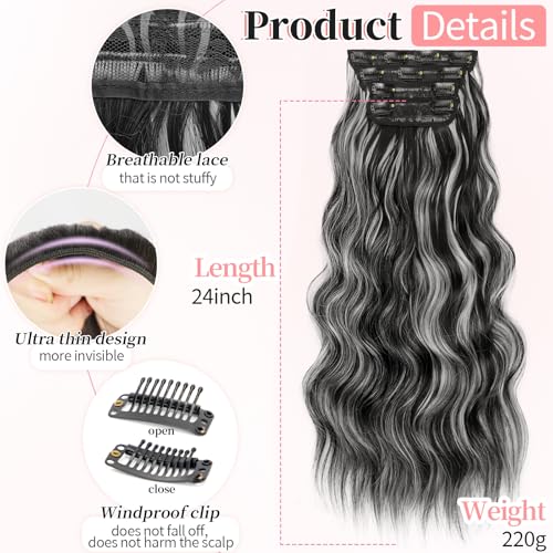 Image of KooKaStyle Wavy Thick Clip in Hair Extensions 24 inch Black and White Mix | 4 Pieces Clip in Extensions,Fiber Double Weft Hairpieces,Natural Volume,Highlight Wave Long Synthetic Hairpieces for Women