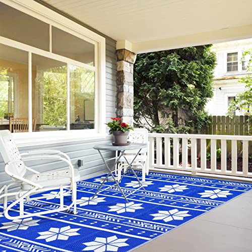 Reversible Mats, 5.2â€² x 7.5â€² Plastic Straw Rug, Large Floor Mat and Rug for Outdoor, RV, Patio, Waterproof Plastic Area Rugs Great for Backyard, Deck, Picnic, Beach, Trailer, Camping(Blue & White)