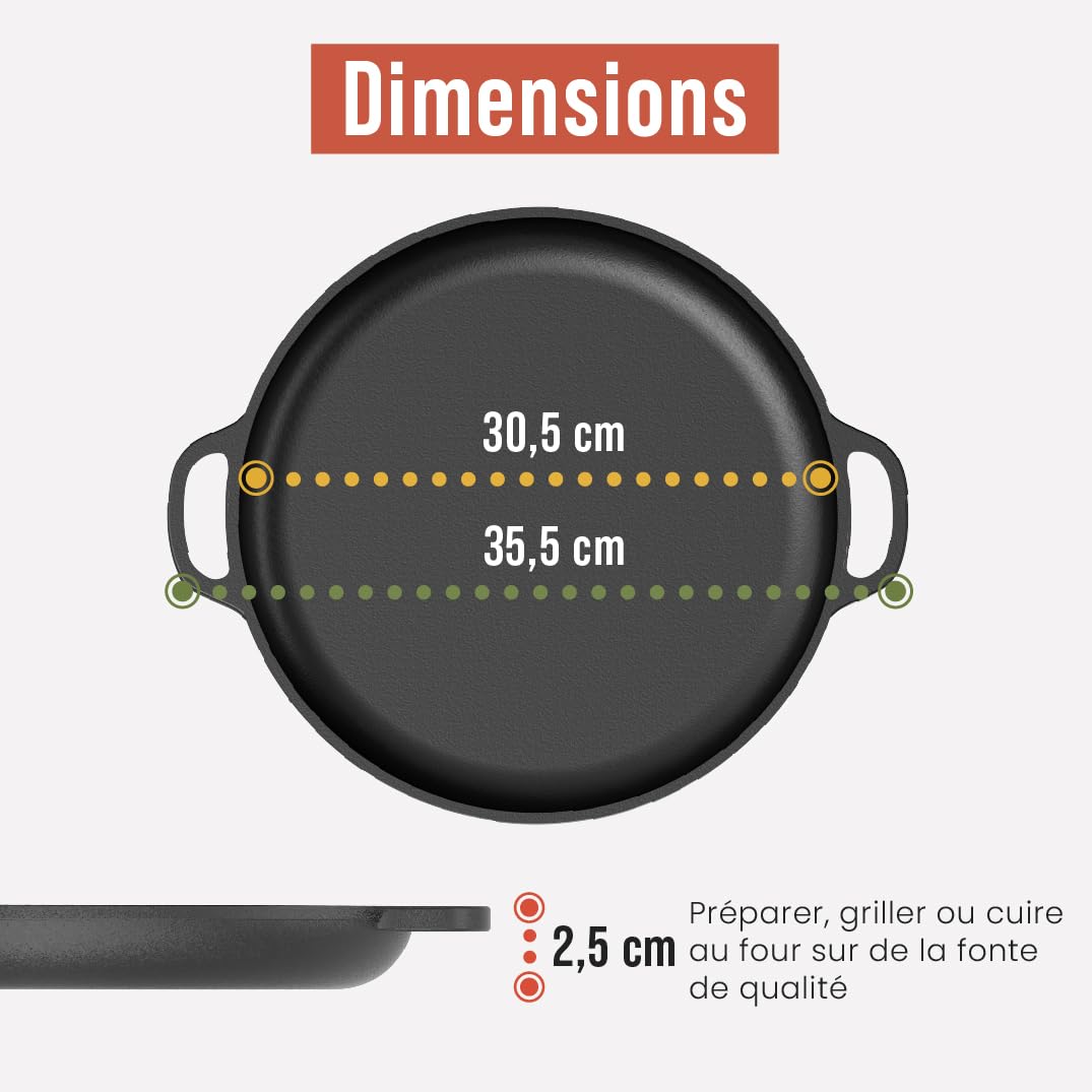 Chef Pomodoro - Plaque Pizza Four avec Poignées - Poêle En Fonte Antiadhésif pour Cuisinière, Four, Bbq, Feu de camp - Assiette a Pizza et Plaque de Cuisson pour Préparer, Griller, 30 cm