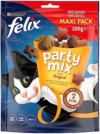 Purina Felix Party Mix Original, Snack para Gato Adulto, Premio para Gato con Pollo, Higado y Pavo, Pack de 5 Bolsas de 200g