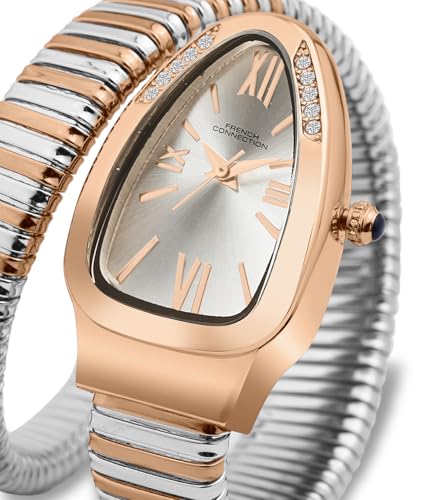 Image of French Connection Eternelle Curve | Silver Dial with Rose Gold Case | Flexible Wrap Bracelet Strap | Crystal Accent Design | Roman Numerals Analog Watch for Women - FCN0142SRTM