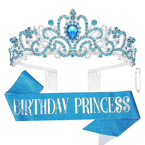 CIEHER Princess Crown and Sash Set Blue Birthday Crown and Tiara for Girls and Women Happy Birthday Accessories