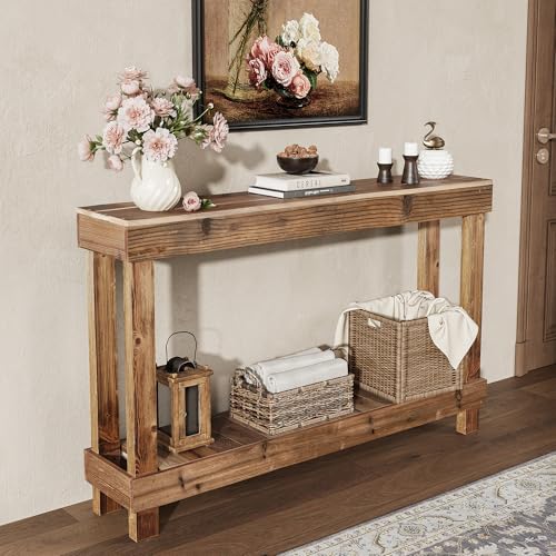 SMARTSTANDARD 46-Inch Long Console Table, Farmhouse Console Sofa Table, Solid Wood Entryway Table for Hallway, Living Room, Entrance, 2 Tiers, Easy Assembly, Natural Brown