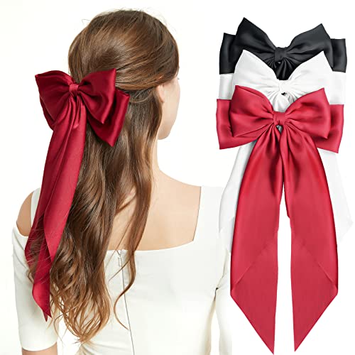 Lolalet 3 Packs Hair Bows For Women Girls, Silky Satin Ribbon Barrettes Large Hair Bow Clips Scarf French Bowknot Soft Long Tails Metal Clips Hair Pins For Ponytail Bun Hair -Black/White/Red #TOP29