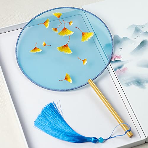 YUELAI Chinese Embroidery Hand Fan (Gingko) Hand Fan Folded Hand Fan Ancient Fan Summer Female Chinese Style Hanfu Cheongsam Costume Embroidery Small Fan