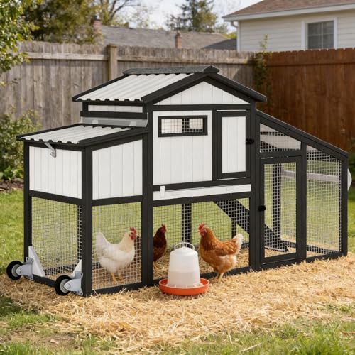 Chicken Coop and Run with Wheels Portable Two Story Rabbit Hutch Indoor Outdoor Wooden Hen House with Nesting Box Ramp & Deep No Leak Pull Out Tray for Chick Rabbit