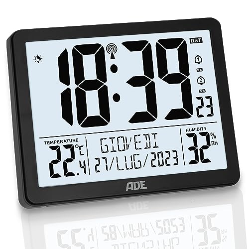 ADE Orologio XL radiocontrollato con sveglia e termometro, nero opaco