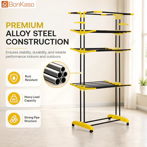 Image of BonKaso AirFold Max 4-Tier Double Pole Foldable Clothes Drying Stand, Portable Heavy Duty Alloy Steel Laundry Rack with 360 Wheels and 8 Hanger Slots, for Indoor and Outdoor Use, Black & Yellow