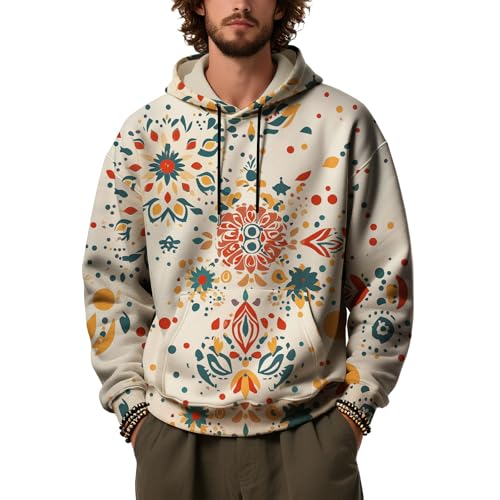 Western Hoodies for Men 2025 Fall Trendy Long Sleeve Drawstring Pullover Sweatshirts Baggy Floral Top with Pockets