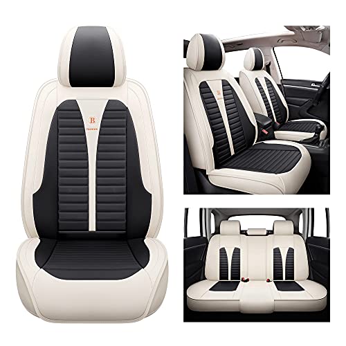 Isen-Coverauto Full Coverage Faux Leather Car Seat Covers Automotive Vehicle Cushion Universal Fit For Cars Suvs Pick-Up Truck, Auto Interior Accessories Seat Covers Full Set (Black & Cream) #TOP1