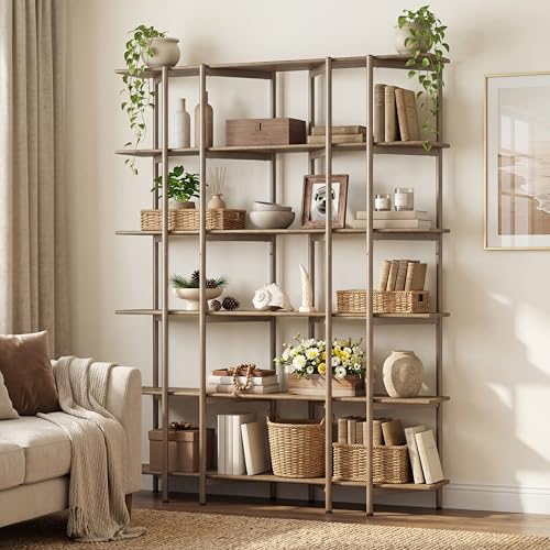 LITTLE TREE 70.87" Tall Open Bookshelf, 6-Tier Display Rack with Metal Frame & Wooden Shelves, Modern Bookshelf for Living Room, Home Office, Kitchen, Bedroom, Brown & Gold