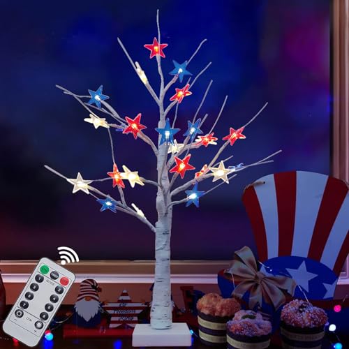 4th of July Decorations Tree Light 24 Inch with 24 LED Red White Blue Star Lights USB Battery Operated with Timer, Lighted Artificial Tree Lights for Table, Party, Memorial Day, Patriotic Decoration