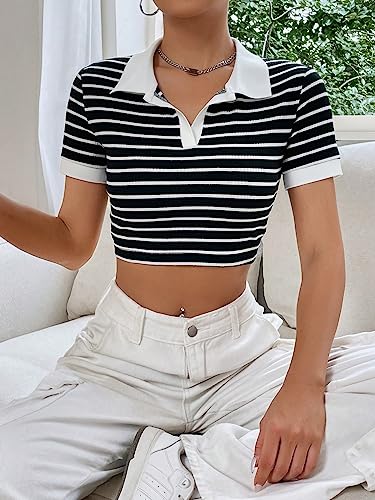 Image of Aahwan White Striped Slim Fit Crop Polo Collar Short Sleeve T-Shirt for Women's & Girl's