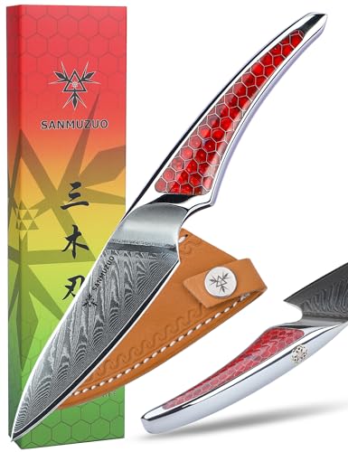 SANMUZUO Couteau d'office 9 CM, couteau de cuisine japonais en acier Damas VG-10, couteau à fruits ultra tranchant avec manche pleine soie en résine Rouge,...