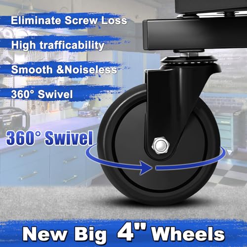 Image of Rolling Stool with Wheels, Adjustable Height Pneumatic Garage Work Mechanic Stool Seat with Backrest, 400 LBS Capacity 360 Swivel Mechanic Crepper Chair with Tool Tray Storage, Blue