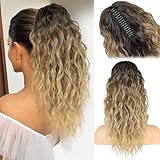 RONTAYA Extension Cheveux Naturel Clip   Postiche Cheveux Naturel Synthétique de, Multi couches duveux épais ondulé en fausses queues de poney cheveux Synthétique Ombre brun foncé Mix Blonde 46 cm