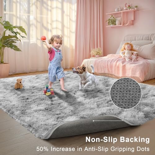 5x7 Tie Dyed Grey Fluffy Area Rugs for Bedroom, Soft Indoor Plush Rug for Living Room, Large Furry Fuzzy Shag Floor Carpet for Kids Nursery Boys Room Dorm Classroom Home Office Decor Mat