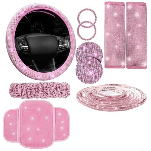 Lot de 10 housses de volant de voiture avec support de téléphone en strass et dessous de verre - Intérieur en velours ultra doux - Rose