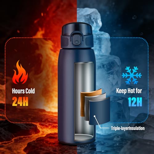 Image of Insulated Water Bottle 18 oz with Dustproof Lid, Carry Handle & Tea Infuser, BPA-Free & Leakproof, Stainless Steel Water Bottles Ideal for Fitness, Hiking, Office & Outdoor Use (Dark Blue )