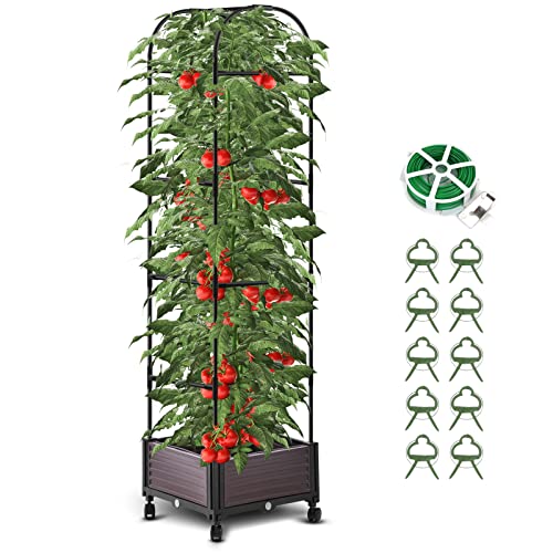 75" H Large Tomato Planter With Wheels, Raised Garden Bed Planter Box With Trellis For Indoor Outdoor Climbing Vegetables Plants, Self-Watering Tomato Cage With Trellis, 16" L X 16" W X 75" H #TOP13