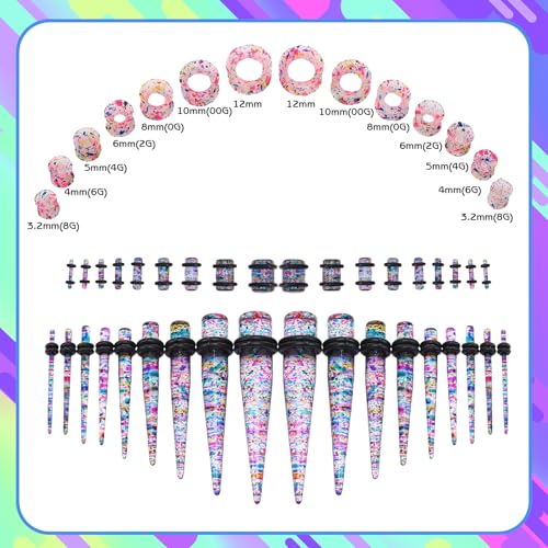 JieyueJewelry 50 Pieces Ear Stretching Kit Acrylic Tapers and Plugs + Silicone Tunnels-Ear Gauges Expander Set Body Piercing Jewelry(Colorful Point)