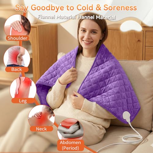 Image of King Size Heating Pad for Back Pain 32 inchx24 inch Extra Large Electric Heating Pad for Period Cramps Relief & Body Neck Shoulder Auto Shut Off Heat Pad Temperature Settings Machine Washable Purple