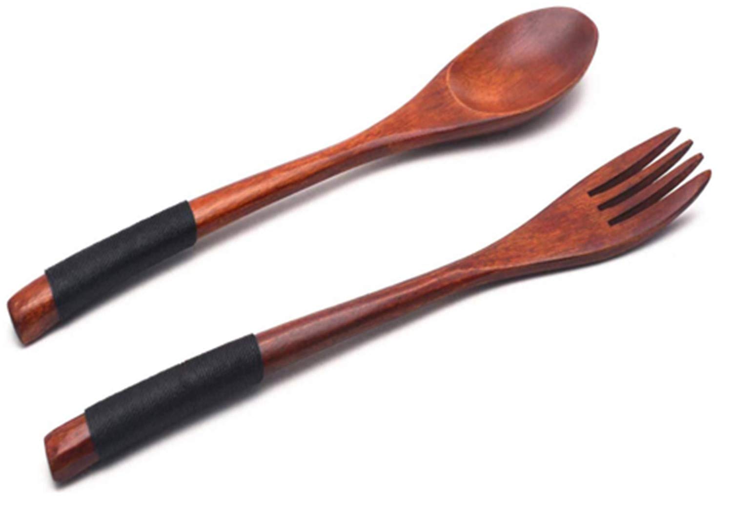 Juego de cucharas de madera y tenedores, vajilla de cocina, cubiertos de madera natural, juego de utensilios de mesa de madera, 2 cucharas y 2 tenedores, color marrón y negro 4