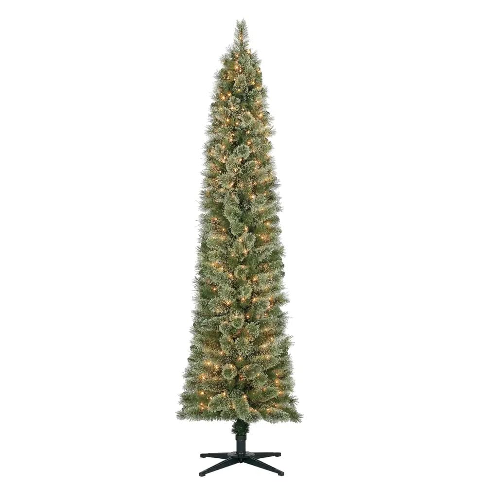 Home Heritage 7ft Stanley Slim Pre-Lit Pencil Christmas Tree – Artificial Pine with 350 White Incandescent Lights and 335 Branch Tips – Indoor Holiday Decor