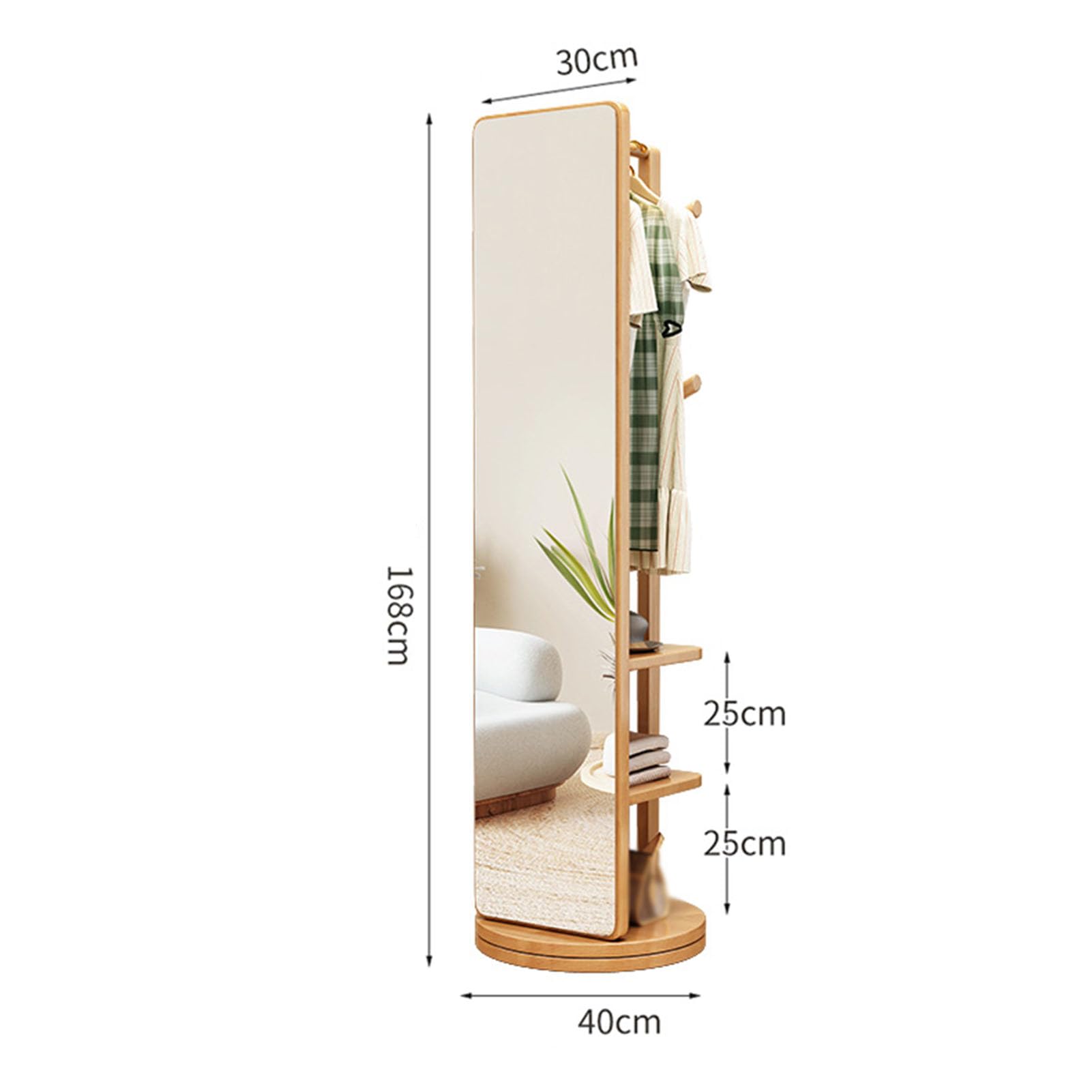 Espejo de cuerpo entero con perchero，Espejo de pie giratorio 360° de madera maciza, perchero 3 en 1 espejo de pie，Espejos de cuerpo entero con espacio de almacenamiento Perchero，Para dormitorio