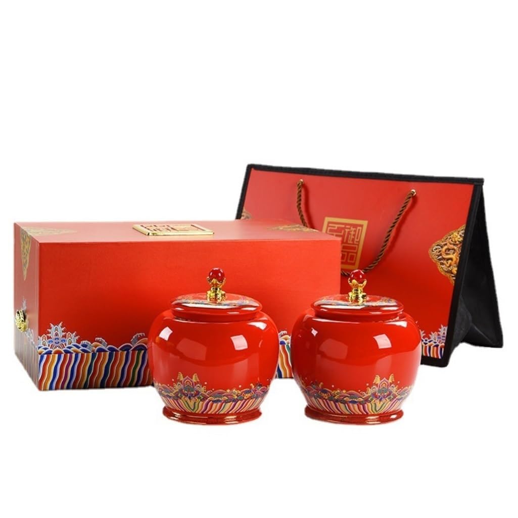 Ceramiczny dzbanek na herbatę Luźny pojemnik do przechowywania herbaty Jar Home Kitchen Countertop Jar Ceramiczny chiński Retro Zestaw do herbaty Podwójny garnek Zestaw pudełek na prezent Herbata (B)