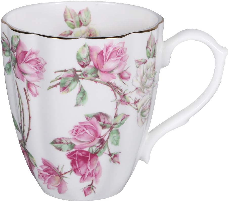 Sunddo Pink Rose Tea Mug 14 OZ Fine Bone China Golden Edge Cute Coffee Mug for Women Men Wife in Office Home