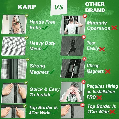 Image of KARP Fiberglass Mosquito Net for Door with Stay-Open Buckle (110 cm X 210 cm, Black) | Auto-Closing Insect Screen Full Frame Hook & Loop for All Door Types