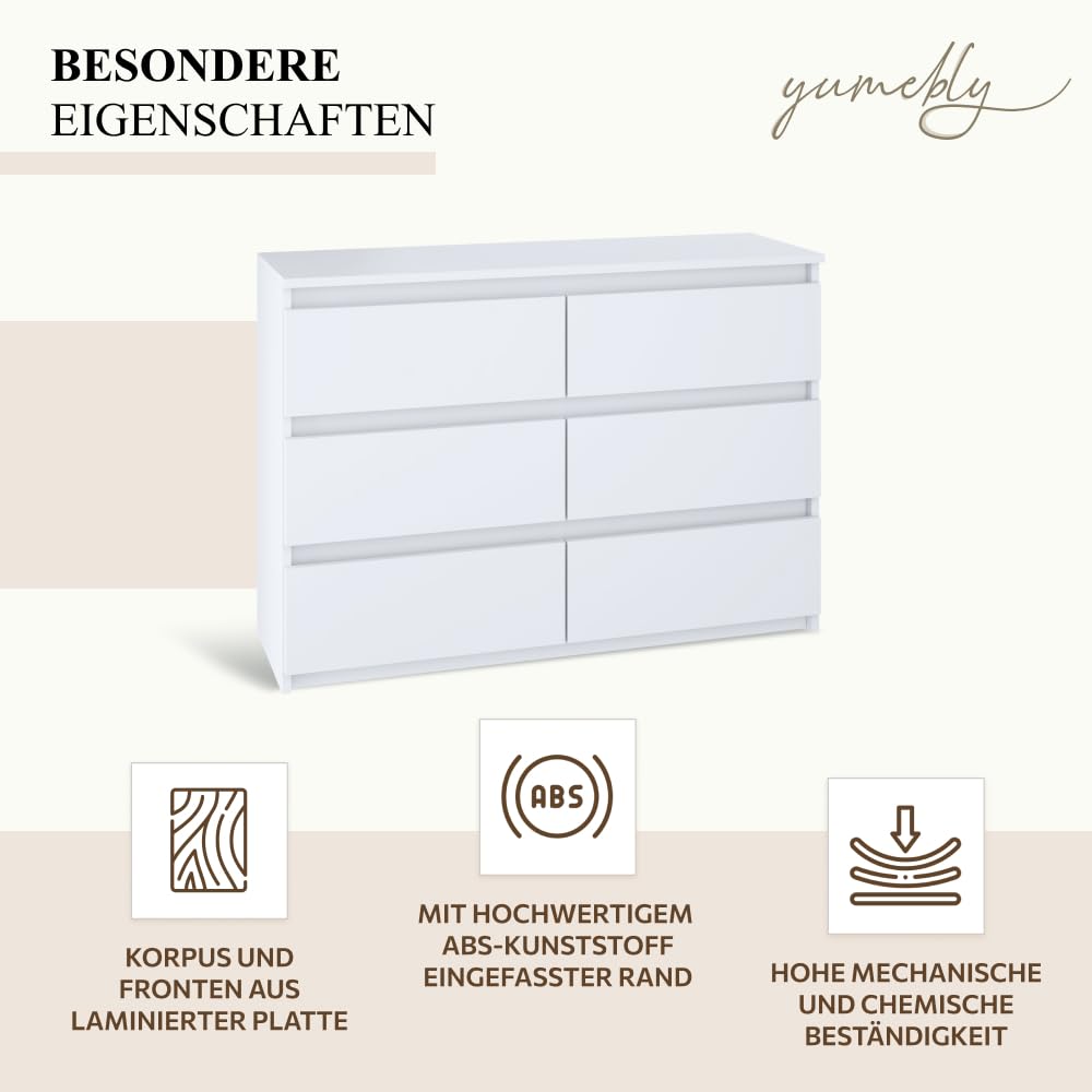 Kommode mit 6 Schubladen Weiß | 100x33x71 cm| Große geräumige Schubladenschrank | Ideal für Schlafzimmer, Wohnzimmer, Kinderzimmer und Büro