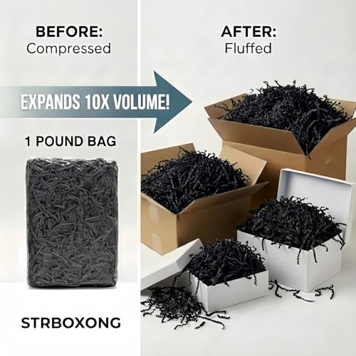 STRBOXONG 455 g Papierschnipsel für Geschenkkartons, Crinkle Cut Füllmaterial Schwarz, Premium Zick-Zack Papier für Präsentkorb, DIY Basteln & Verpackung, Recycelbares Seidenpapier-Füllstoff