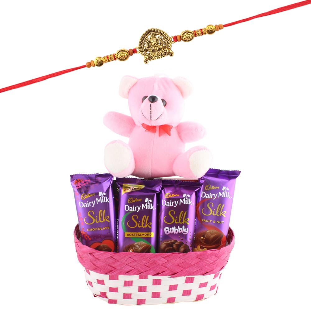 SFU E Com Chocolaty Silk Basket Gift With Teddy Bear| Rakhi Chocolate for Brother | Jadtar Ganesh ji Rakhi With Chocolates | Roli, Chawal, Chandan, Misri | 476-image-22