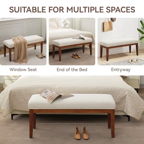 Image of WUTUTUEE 43.5'' Linen Bedroom Bench, Upholstered End of Bed Bench, Padded Vintage Dining Bench, Entryway Bench with Solid Wood Legs, Kitchen, Living Room, Hallway, White