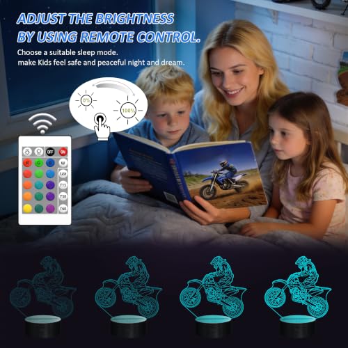 Image of FULLOSUN Dirt Bike Gifts, Motocross 3D Night Light for Kids for Xmas Holiday Birthday Gifts for Kids Motorcycle Fan with Remote Control 16 Colors Changing + 4 Changing Mode + Dim Function