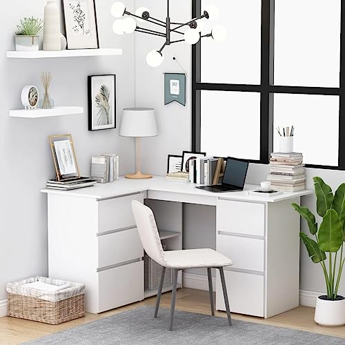 Kangardius Escritorio esquinero blanco de madera 145 x 100 x 76 cm con 4 cajones y espacio de almacenamiento, ahorra espacio para oficina, oficina, ordenador, juegos, ergonómico y versátil
