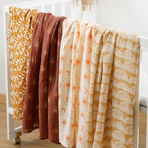 Image of 4 Set Muslin Swaddle Blankets Receiving Blanket for Newborn Baby | Boys, Girls Cute Soft Print Baby Towel Wrap 120x110cm Baby