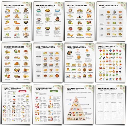 Image of Sinload 12 Pcs Mediterranean Diet Meal Plan Mediterranean Food List Grocery List Health Food Guide for Beginners Kitchen Wall Decor