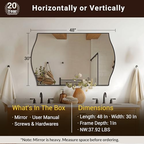 Image of ANDY STAR 30 inchx48 inch Scalloped Mirror,Matte Black Rectangle Bathroom Mirror with Curved Edge Stainless Steel Metal Frame, Large Wall-Mounted Mirror for Bathroom, Entryway (Horizontal /Vertical)