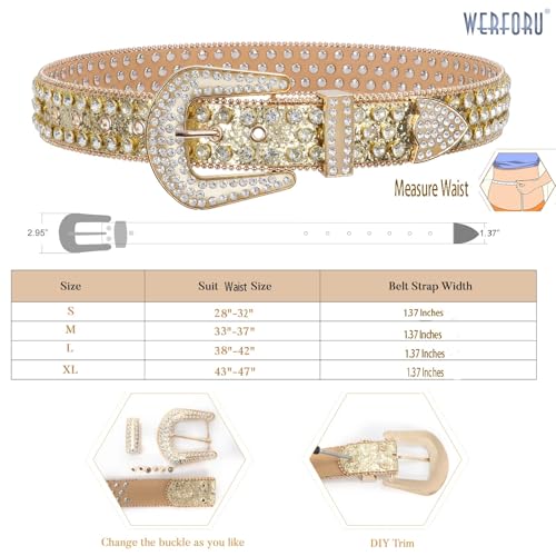 Image of WERFORU Women Men Western Rhinestone Studded Leather Belt Unisex Bling Cowgirl Cowboy Waist Belt for Jeans Pants Dress