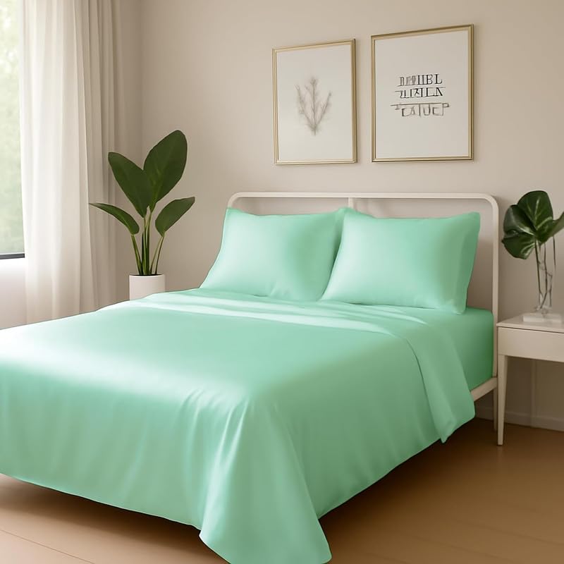 Image of Day Care-Luxury Satin Flat Double Bed (90x100 Inchs) Bedsheet|Ultra Soft Silky Smooth Touch|Breathable, Lightweight & Skin Friendly|Wrinkle Resistant|Aqua Green