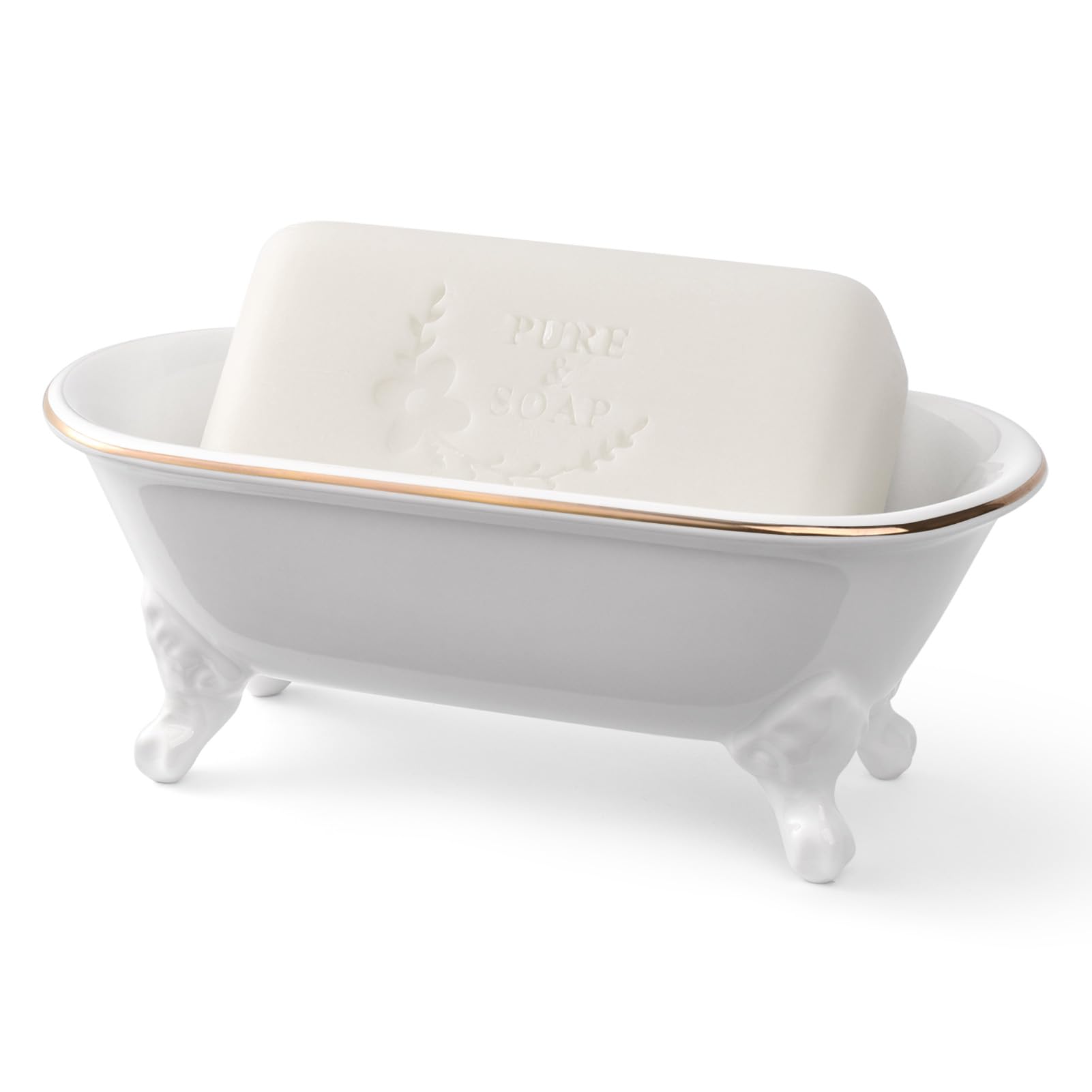 Jabonera decorativa de cerámica de 6.5 pulgadas, soporte de esponja de cocina y bandeja de ducha para baño, 1 paquete (borde dorado blanco)